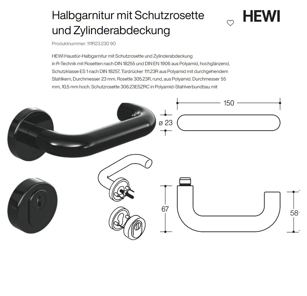 HEWI 111R23.230 90 Halbgarnitur mit Schutzrosette und Zylinderabdeckung F90